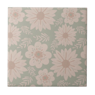 Retro Vintage Dusty Blue Pink Floral Tile