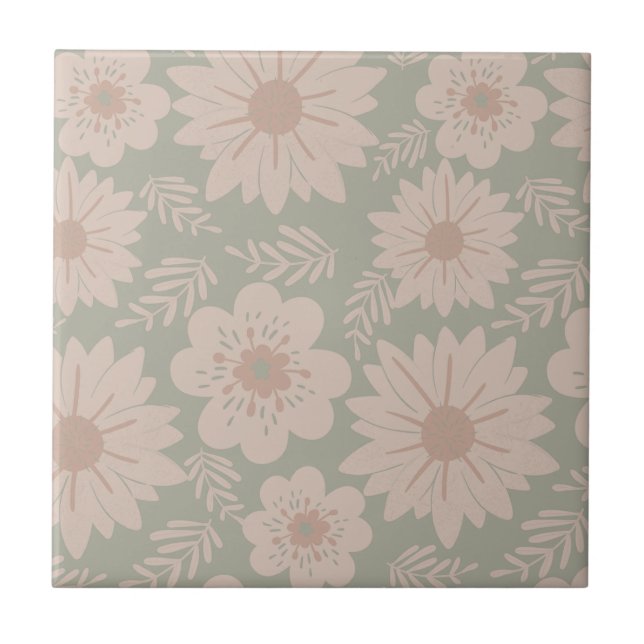 Retro Vintage Dusty Blue Pink Floral Tile (Front)