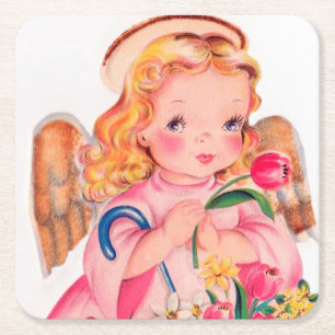retro vintage Easter Angel party Square Paper Coaster