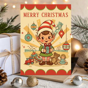 Retro Vintage Elf Workshop Cheer Christmas Holiday Card