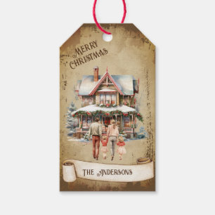 Retro Vintage Family New House Merry Christmas Gift Tags