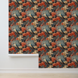 Retro Vintage Fantasy Kingfisher in Tree Bohemian Wallpaper