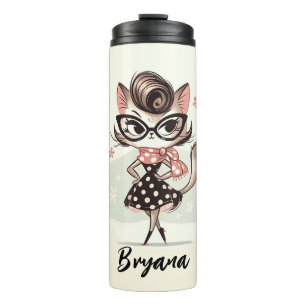 Retro Vintage Feminine Kitten With Cat Eye Glasses Thermal Tumbler