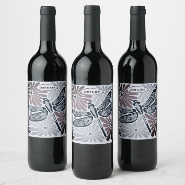 Retro Vintage Floral Dragonfly Wine Label (Bottles)