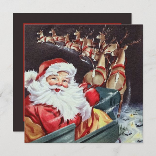 retro vintage flying Santa reindeer Invitation (Front/Back)