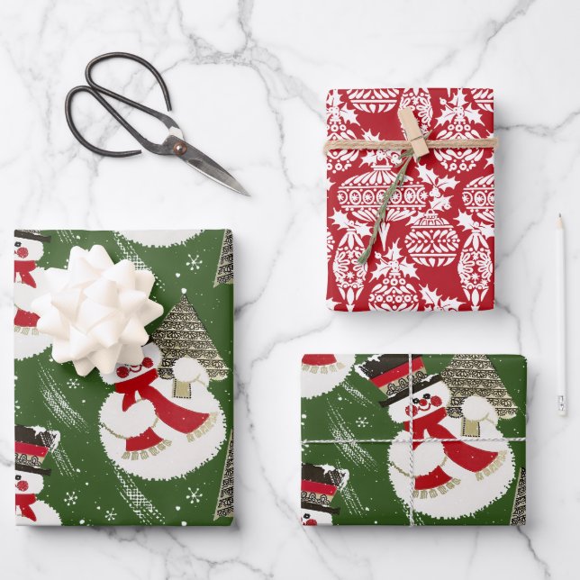 Retro Vintage Frosty Snowmen Wrapping Paper Sheet (Front)