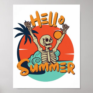 Retro Vintage Funny Skeleton Hello summer Poster