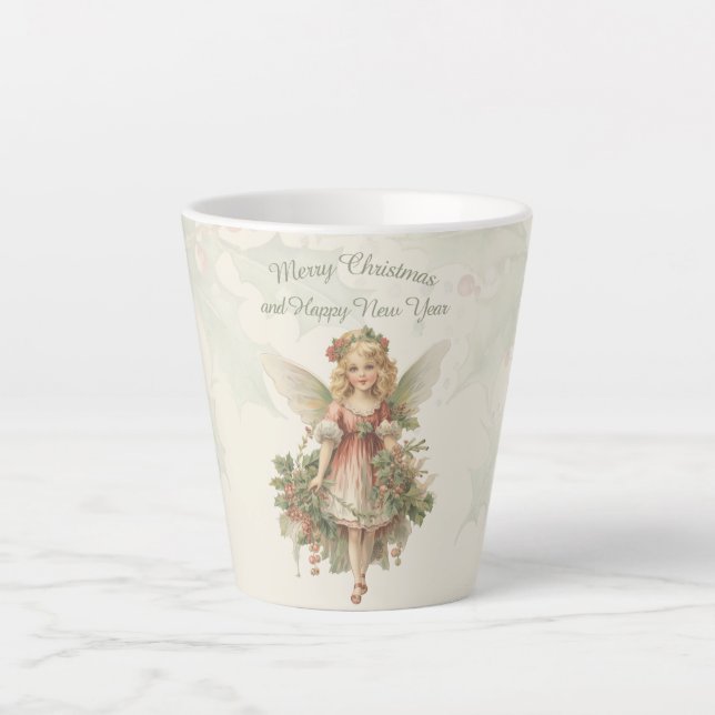 Retro Vintage Girl Angel Christmas Holly Latte Mug (Front)