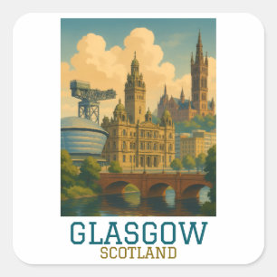 Retro Vintage Glasgow Scotland Cityscape Travel Square Sticker