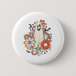 Retro Vintage Gnoovy Halloween Colours Flower Ghos 2 Inch Round Button
