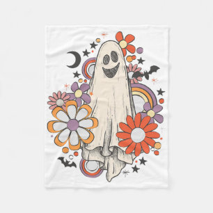 Retro Vintage Gnoovy Halloween Colours Flower Ghos Fleece Blanket