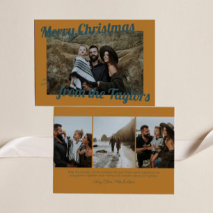 Retro Vintage Golden & Blue Photo Christmas Holiday Card