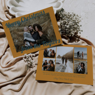 Retro Vintage Golden & Blue Photo Christmas Holiday Card