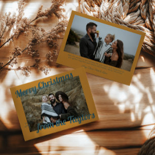 Retro Vintage Golden & Blue Photo Christmas Holiday Card