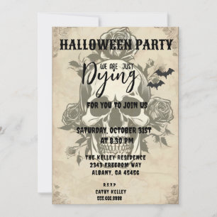 Retro Vintage Goth Dead Skull Rose Halloween Party Invitation