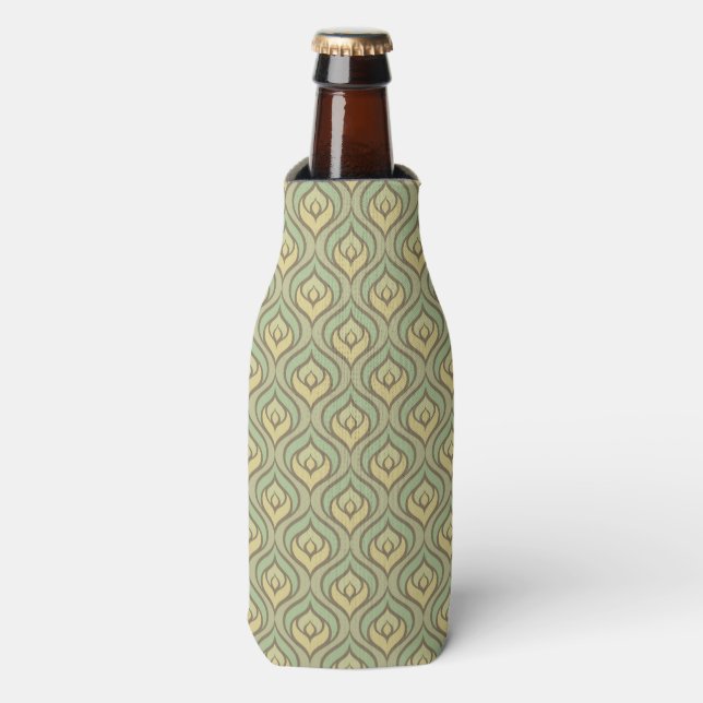 Retro vintage green and yellow pattern bottle cooler (Bottle Front)