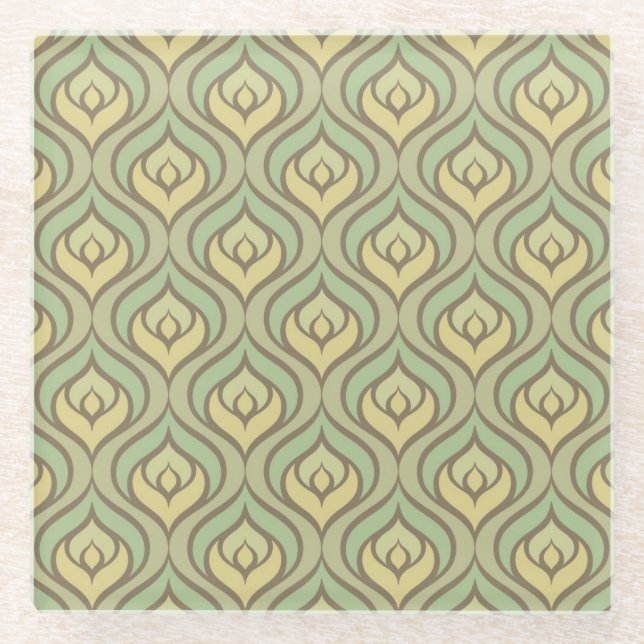 Retro vintage green and yellow pattern glass coaster (Front)