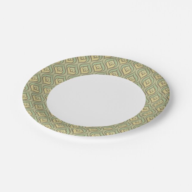 Retro vintage green and yellow pattern paper plate (Angled)