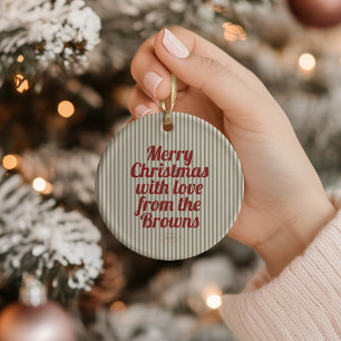 Retro Vintage Green Stripes Red Merry Christmas Ceramic Ornament