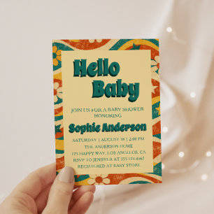 Retro Vintage Groovy Floral Hello Baby Shower Invitation