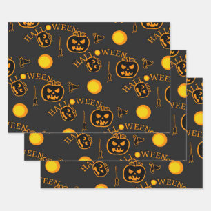 Retro Vintage Halloween Pattern Pumpkin Wrapping Paper Sheet