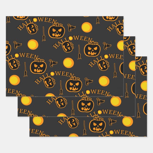 Retro Vintage Halloween Pattern Pumpkin  Wrapping Paper Sheet (Set)
