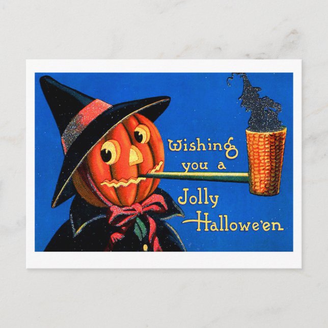 Retro Vintage Halloween Pumpkin Smoking Pipe Postcard (Front)