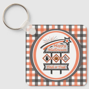 Retro Vintage Halloween Sign –Trick or Treat Plaid Keychain
