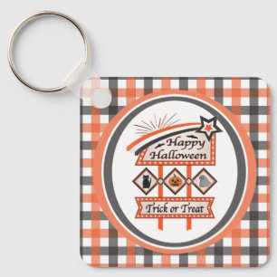 Retro Vintage Halloween Sign –Trick or Treat Plaid Keychain
