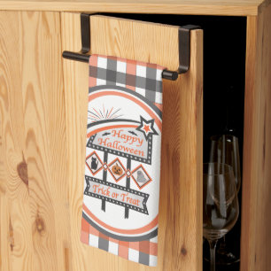 Retro Vintage Halloween Sign –Trick or Treat Plaid Kitchen Towel