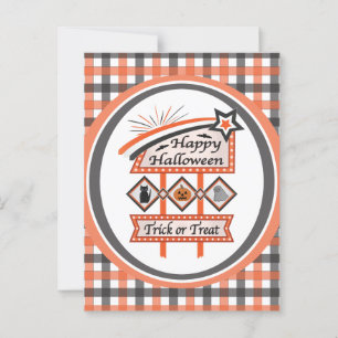 Retro Vintage Halloween Sign –Trick or Treat Plaid Postcard