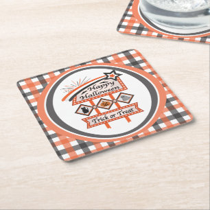 Retro Vintage Halloween Sign –Trick or Treat Plaid Square Paper Coaster