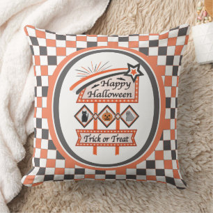 Retro Vintage Halloween Sign –Trick or Treat Plaid Throw Pillow