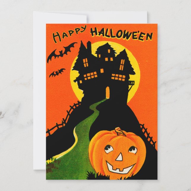 Retro Vintage Happy Halloween Haunted House Card (Front)