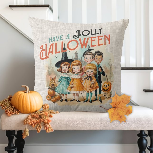 Retro Vintage Have A Jolly Halloween Throw Pillow (Vintage 'Have A Jolly Halloween' Throw Pillow With Retro Looking Trick-or-Treater Kids.)
