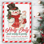Retro Vintage Holly Jolly Snowman Custom Christmas Invitation<br><div class="desc">This mid-century vintage Christmas party invitation features a jolly snowman in top hat,  scarf and carrying a candy cane with the words 'Holly Jolly and ready to party' with a bright red and white candy cane border and backing.  Customize by adding your personal party details.</div>