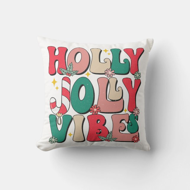 Retro Vintage Holly Jolly Vibes Festive Throw Pillow (Front)
