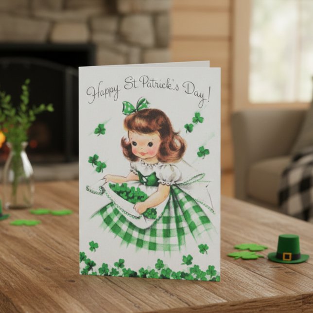 Retro Vintage Irish Lassie with Shamrocks Holiday Card (Retro Vintage Irish Lassie with Shamrocks Holiday Card)