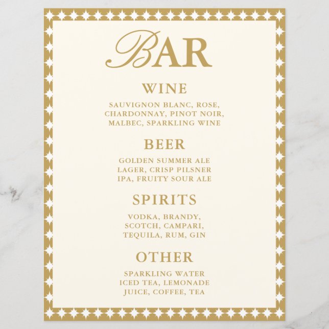 Retro Vintage Ivory Bar Menu Wedding Tabletop (Front)