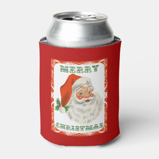 Retro Vintage Jolly Santa Claus Christmas Can Cooler (Can Front)