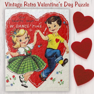 Retro Vintage Kids Dancing Valentine's Day Jigsaw Puzzle