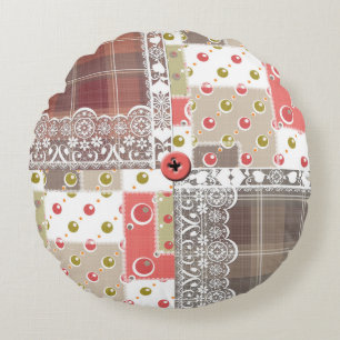 Retro vintage lace plaid chequered patchwork boho round pillow