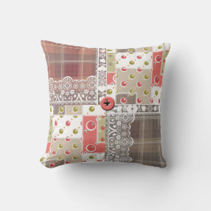 Retro vintage lace plaid chequered patchwork boho throw pillow