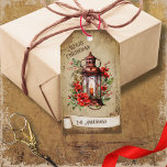 Retro Vintage Lantern Red Green Floral Christmas Gift Tags<br><div class="desc">Beautiful retro vintage illustration of a lantern decorated with red flowers and green botanicals on a retro grunge background and frame for an aged or vintage look. Design features a vintage scroll ribbon for your personalization both in the front or the back sides of this elegant, and timeless Holiday Gift...</div>