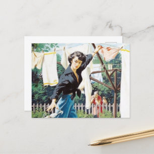 retro vintage laundry lady  postcard
