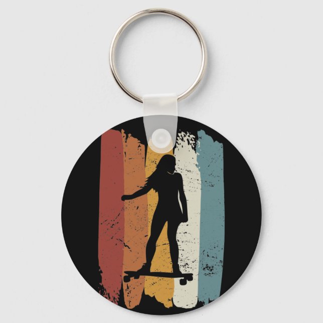 Retro vintage Longboard girl Keychain (Front)