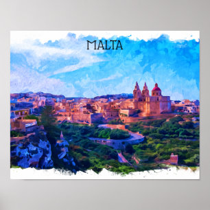 Retro Vintage Malta panorama Watercolor view Poster