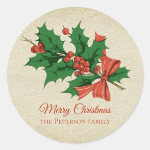 Retro Vintage Merry Christmas Holly Bow Name Classic Round Sticker