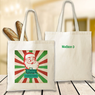 Retro Vintage Merry Christmas Santa Custom Name Tote Bag