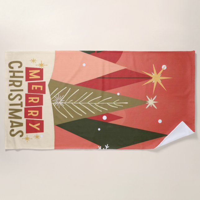 Retro/Vintage Merry Christmas tree Beach Towel (Front)